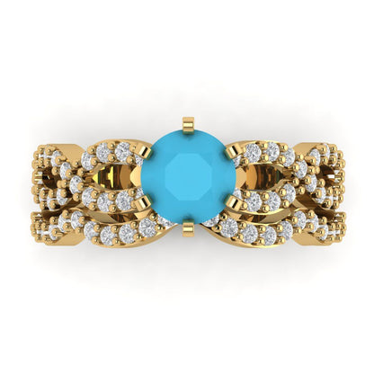 1.57 cttw Round Cut Simulated Turquoise Bridal Set - Solid Yellow Gold  Engagement Ring & Wedding Band