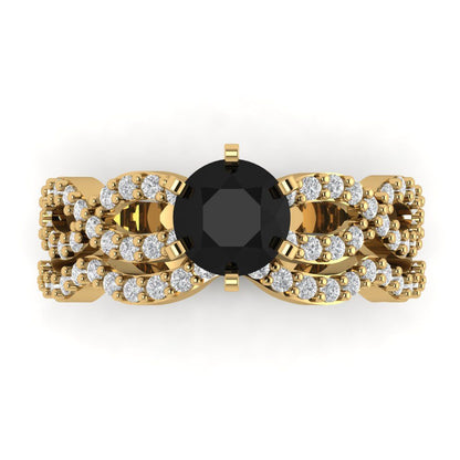 1.57 cttw Round Cut Natural Onyx Bridal Set - Solid Yellow Gold  Engagement Ring & Wedding Band