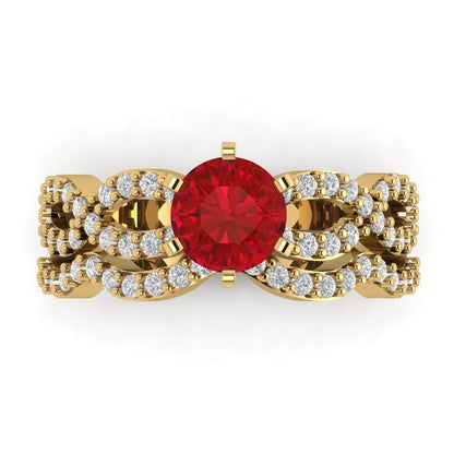 1.57 cttw Round Cut Simulated Ruby Bridal Set - Solid Yellow Gold  Engagement Ring & Wedding Band