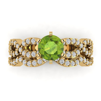 1.57 cttw Round Cut Natural Peridot Bridal Set - Solid Yellow Gold  Engagement Ring & Wedding Band
