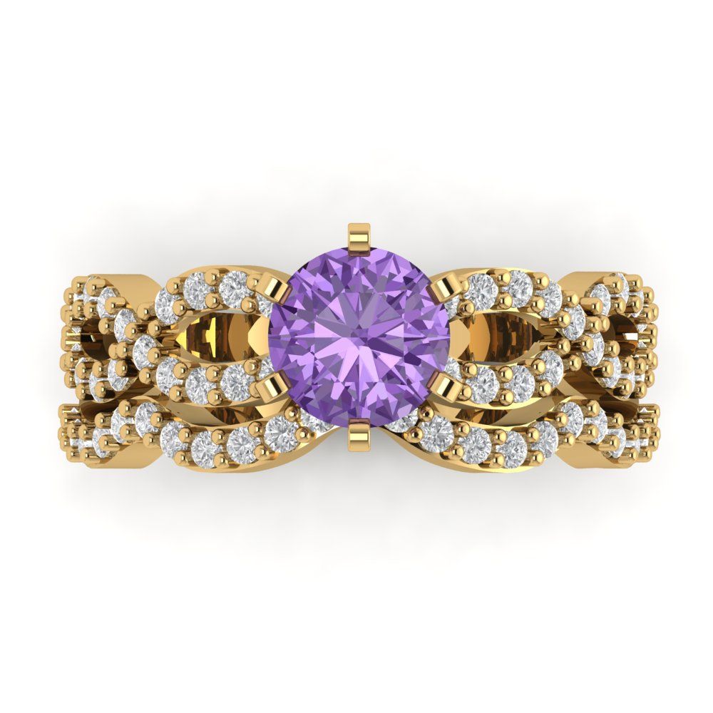 1.57 cttw Round Cut Simulated Alexandrite Bridal Set - Solid Yellow Gold  Engagement Ring & Wedding Band