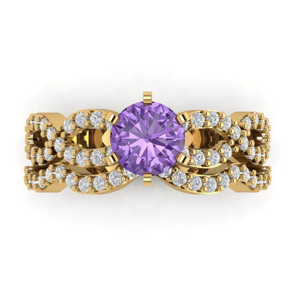 1.57 cttw Round Cut Simulated Alexandrite Bridal Set - Solid Yellow Gold  Engagement Ring & Wedding Band