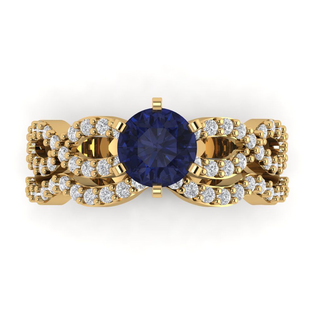 1.57 cttw Round Cut Simulated Blue Sapphire Bridal Set - Solid Yellow Gold  Engagement Ring & Wedding Band