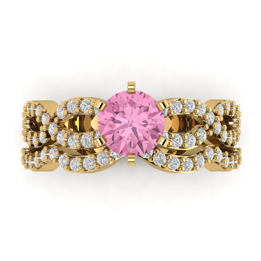 1.57 cttw Round Cut Simulated Pink Diamond Bridal Set - Solid Yellow Gold  Engagement Ring & Wedding Band