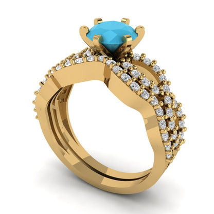 1.57 cttw Round Cut Simulated Turquoise Bridal Set - Solid Yellow Gold  Engagement Ring & Wedding Band