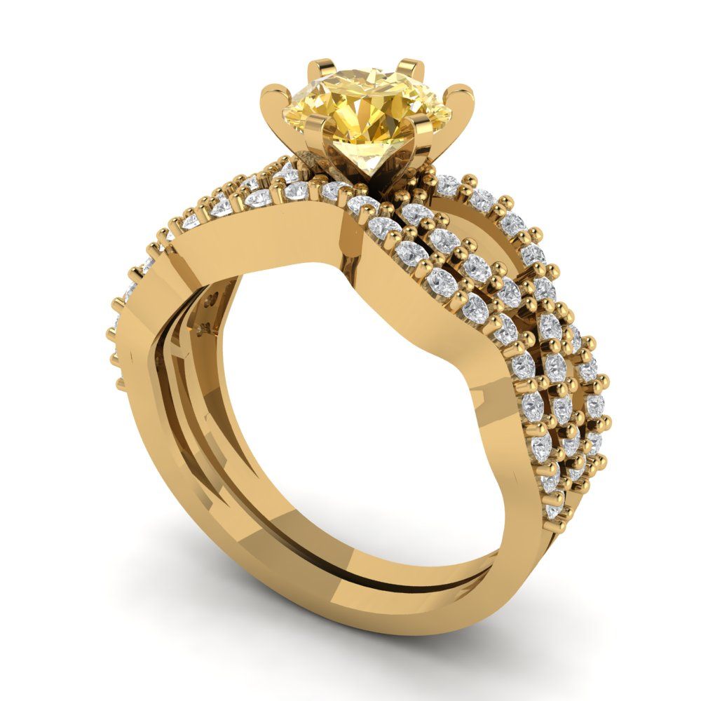 1.57 cttw Round Cut Simulated Yellow Diamond Bridal Set - Solid Yellow Gold  Engagement Ring & Wedding Band