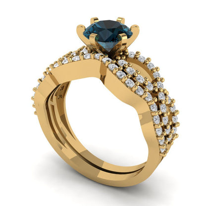 1.57 cttw Round Cut Natural London Blue Topaz Bridal Set - Solid Yellow Gold  Engagement Ring & Wedding Band