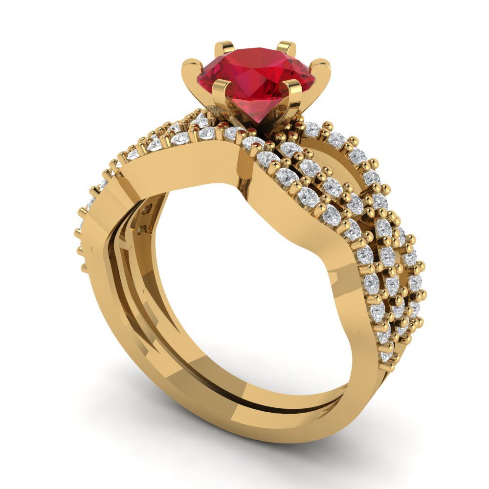 1.57 cttw Round Cut Simulated Pink Tourmaline Bridal Set - Solid Yellow Gold  Engagement Ring & Wedding Band