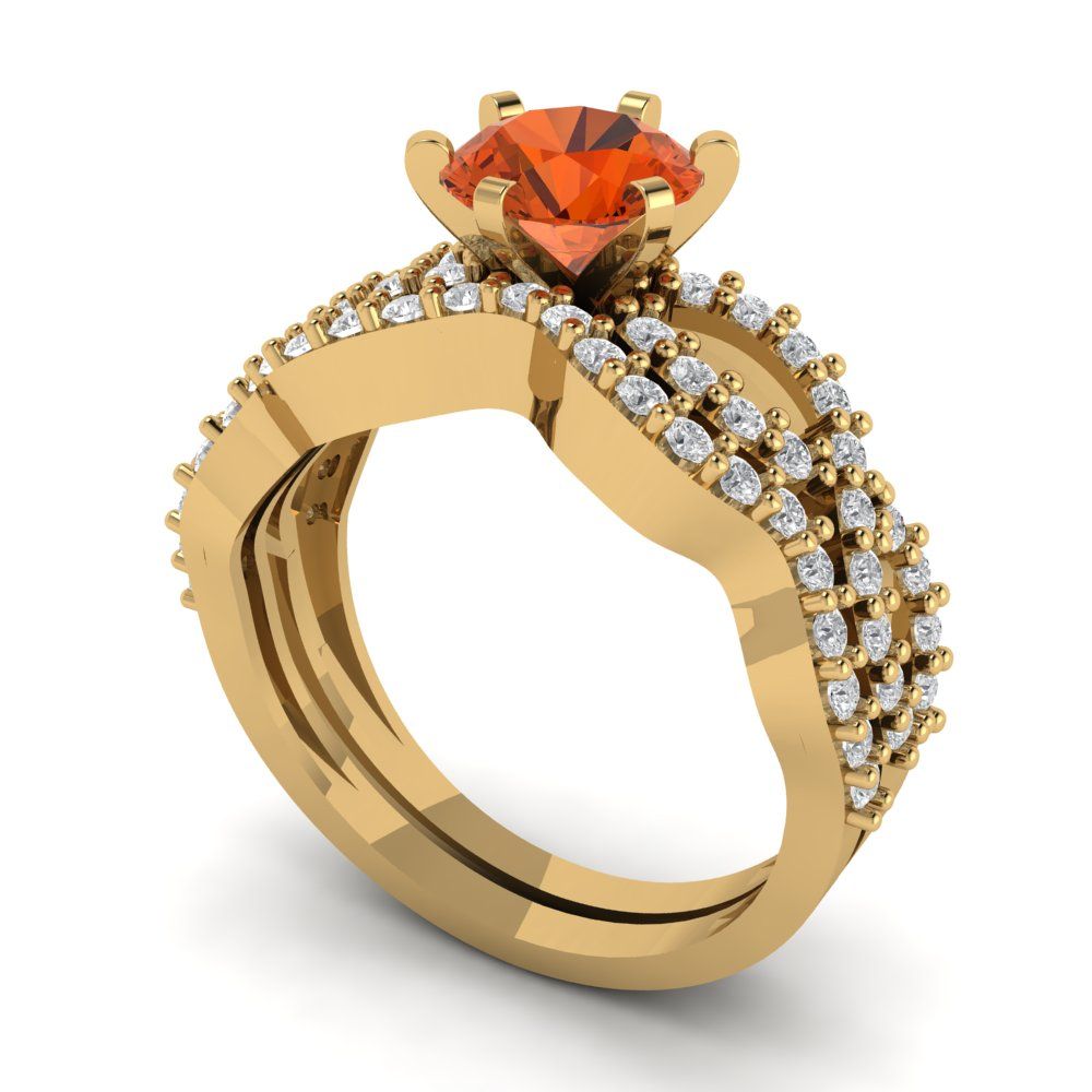 1.57 cttw Round Cut Simulated Red Diamond Bridal Set - Solid Yellow Gold  Engagement Ring & Wedding Band
