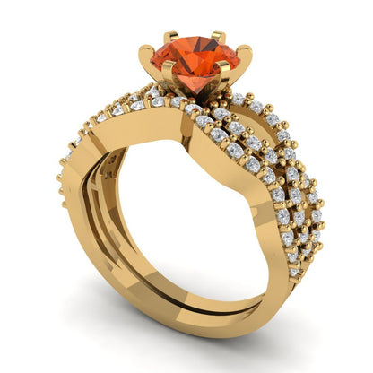1.57 cttw Round Cut Simulated Red Diamond Bridal Set - Solid Yellow Gold  Engagement Ring & Wedding Band