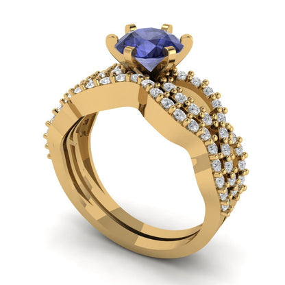 1.57 cttw Round Cut Simulated Tanzanite Bridal Set - Solid Yellow Gold  Engagement Ring & Wedding Band