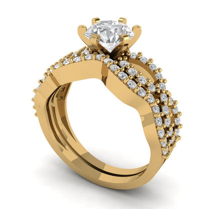 1.57 cttw Round Cut Zirconia Simulated Diamond Bridal Set - Solid Yellow Gold  Engagement Ring & Wedding Band