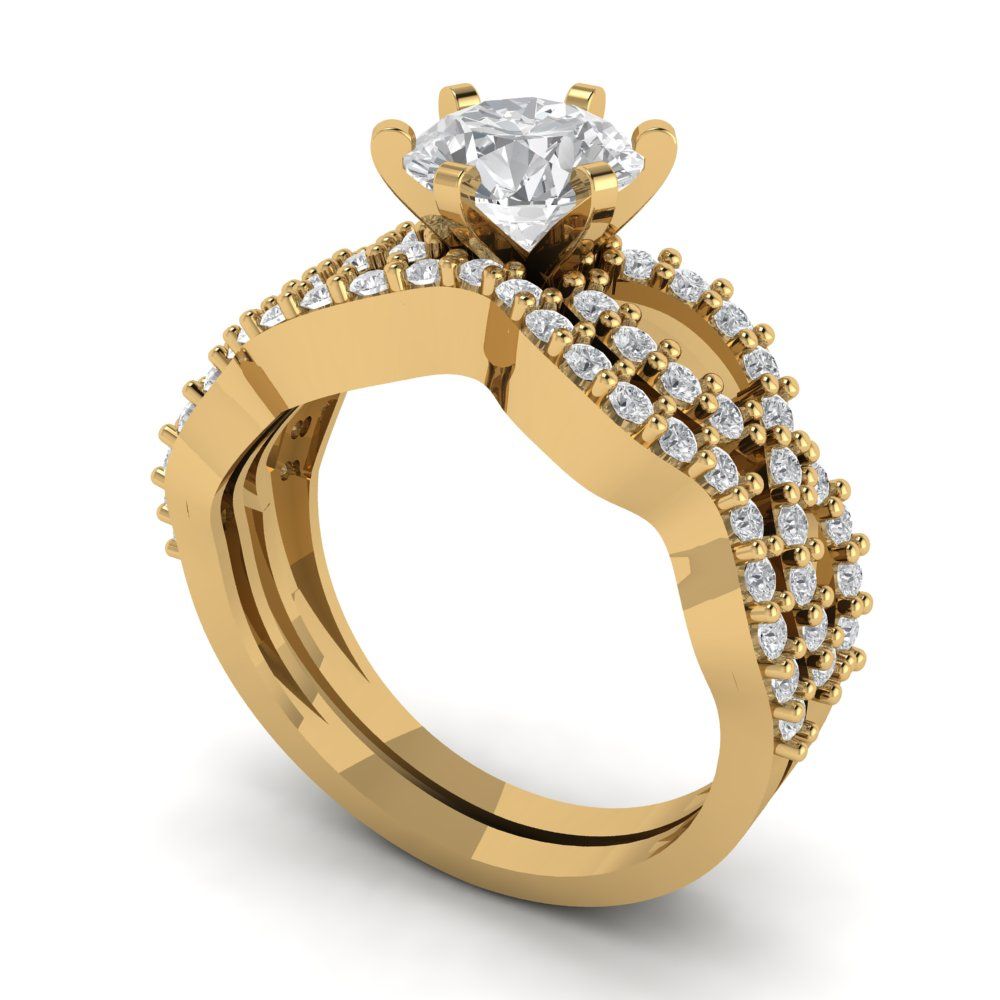 1.57 cttw Round Cut Moissanite Bridal Set - Solid Yellow Gold  Engagement Ring & Wedding Band