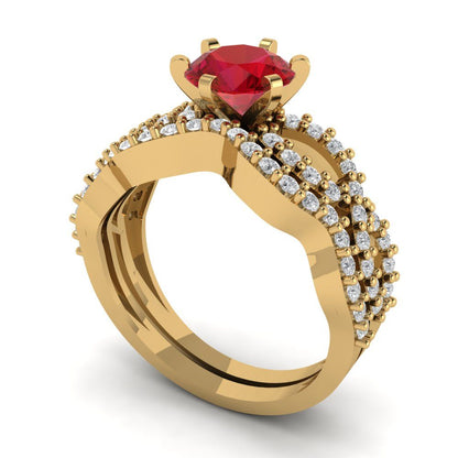 1.57 cttw Round Cut Simulated Ruby Bridal Set - Solid Yellow Gold  Engagement Ring & Wedding Band