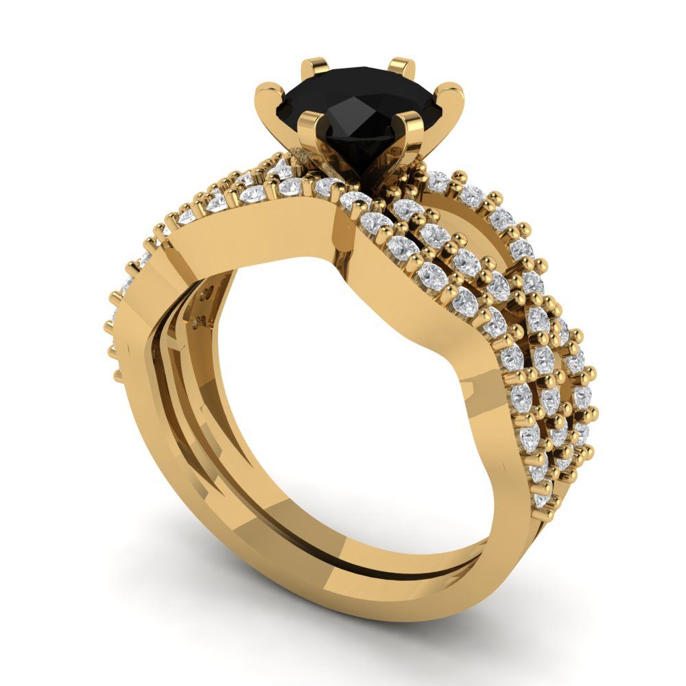 1.57 cttw Round Cut Natural Onyx Bridal Set - Solid Yellow Gold  Engagement Ring & Wedding Band