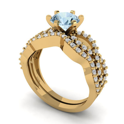 1.57 cttw Round Cut Natural Swiss Blue Topaz Bridal Set - Solid Yellow Gold  Engagement Ring & Wedding Band