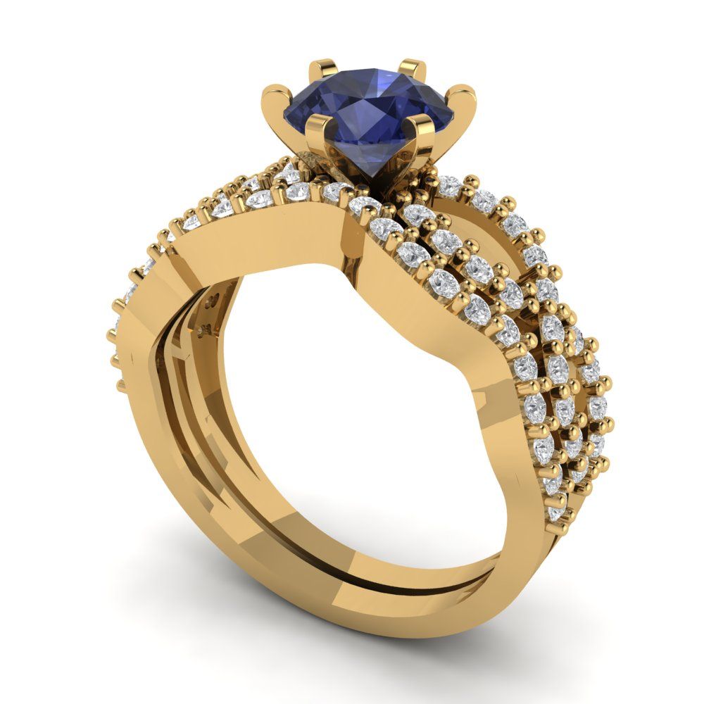 1.57 cttw Round Cut Simulated Blue Sapphire Bridal Set - Solid Yellow Gold  Engagement Ring & Wedding Band