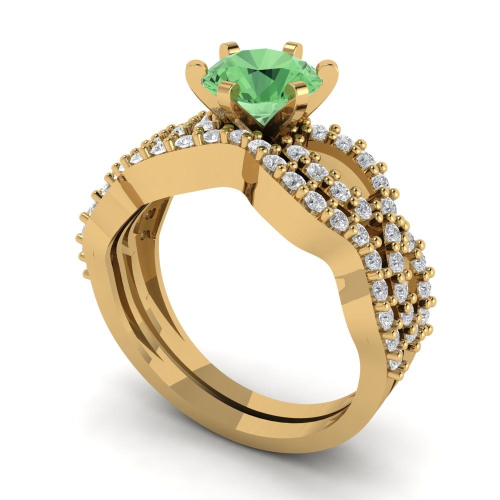 1.57 cttw Round Cut Simulated Green Diamond Bridal Set - Solid Yellow Gold  Engagement Ring & Wedding Band