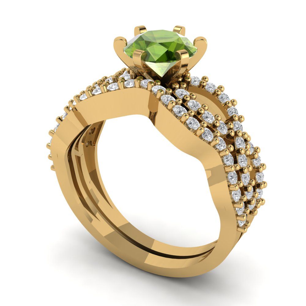 1.57 cttw Round Cut Natural Peridot Bridal Set - Solid Yellow Gold  Engagement Ring & Wedding Band