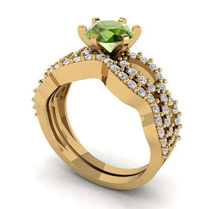 1.57 cttw Round Cut Natural Peridot Bridal Set - Solid Yellow Gold  Engagement Ring & Wedding Band