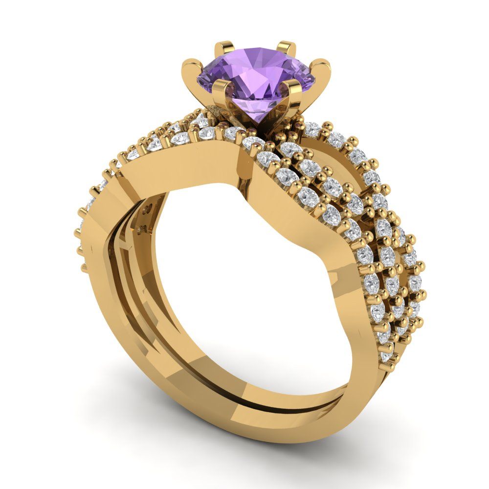 1.57 cttw Round Cut Simulated Alexandrite Bridal Set - Solid Yellow Gold  Engagement Ring & Wedding Band