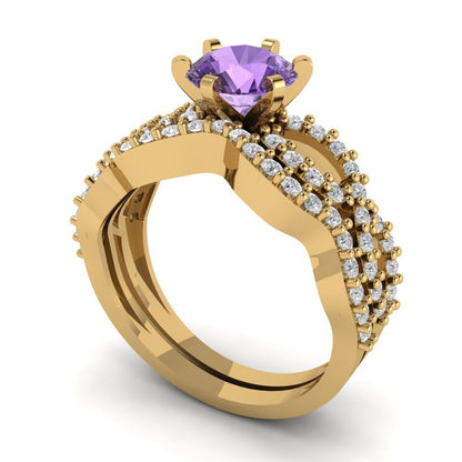 1.57 cttw Round Cut Simulated Alexandrite Bridal Set - Solid Yellow Gold  Engagement Ring & Wedding Band