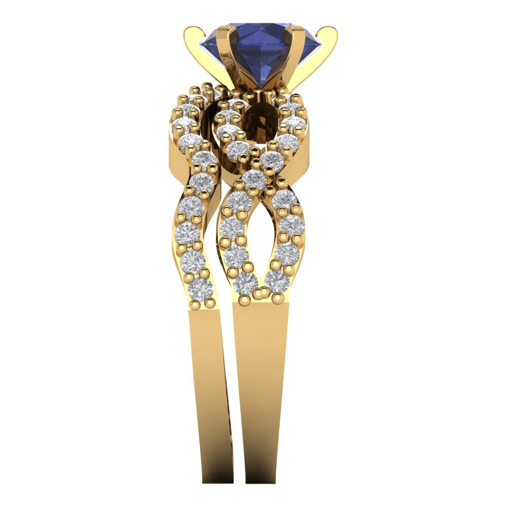 1.57 cttw Round Cut Simulated Blue Sapphire Bridal Set - Solid Yellow Gold  Engagement Ring & Wedding Band