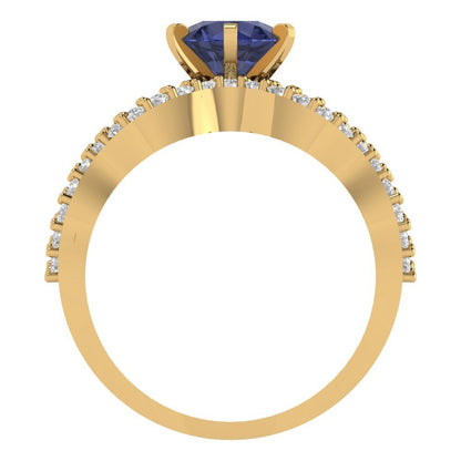 1.57 cttw Round Cut Simulated Blue Sapphire Bridal Set - Solid Yellow Gold  Engagement Ring & Wedding Band