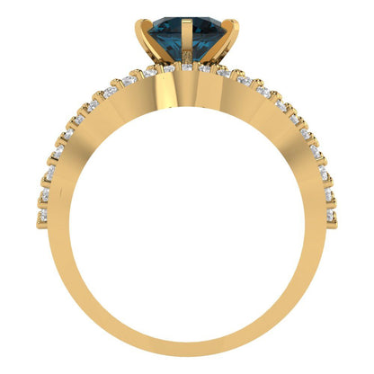 1.57 cttw Round Cut Natural London Blue Topaz Bridal Set - Solid Yellow Gold  Engagement Ring & Wedding Band