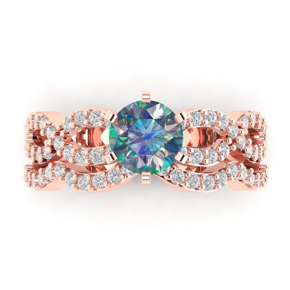 1.57 cttw Round Cut Blue Moissanite Bridal Set - Solid Rose Gold Engagement Ring & Wedding Band