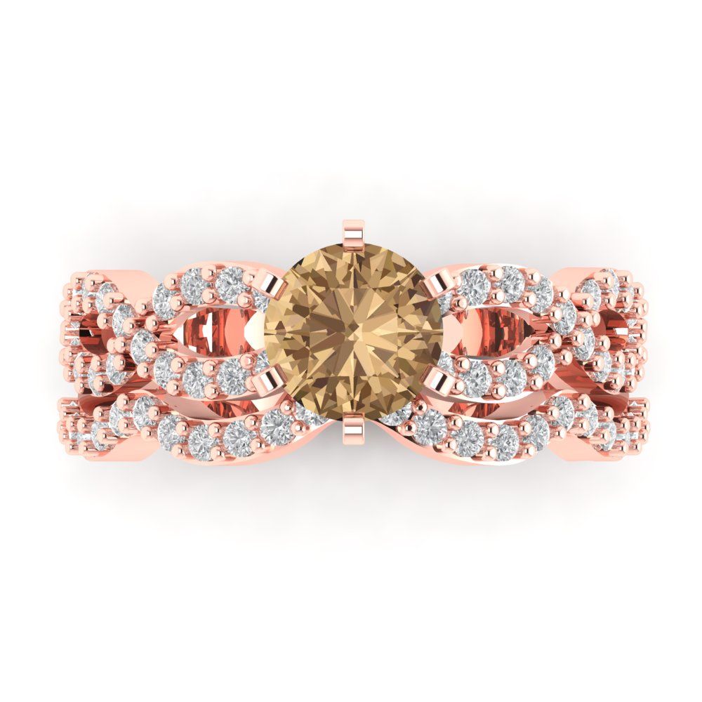 1.57 cttw Round Cut Simulated Champagne Diamond Bridal Set - Solid Rose Gold Engagement Ring & Wedding Band