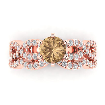 1.57 cttw Round Cut Simulated Champagne Diamond Bridal Set - Solid Rose Gold Engagement Ring & Wedding Band