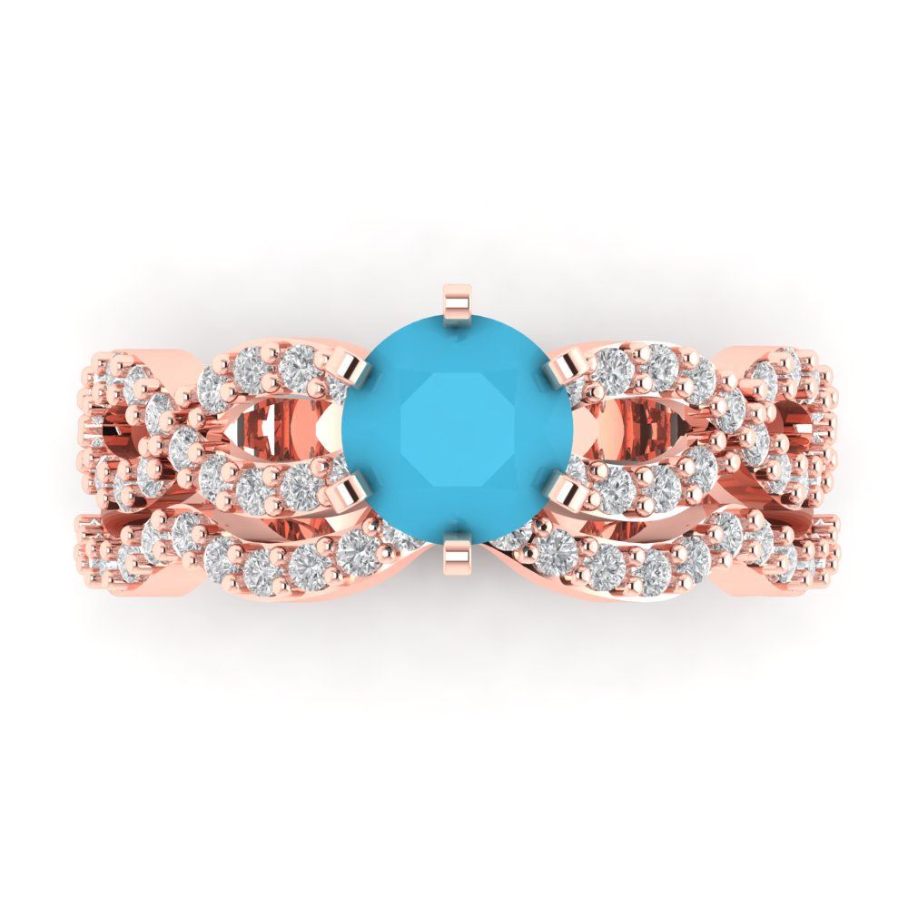 1.57 cttw Round Cut Simulated Turquoise Bridal Set - Solid Rose Gold Engagement Ring & Wedding Band