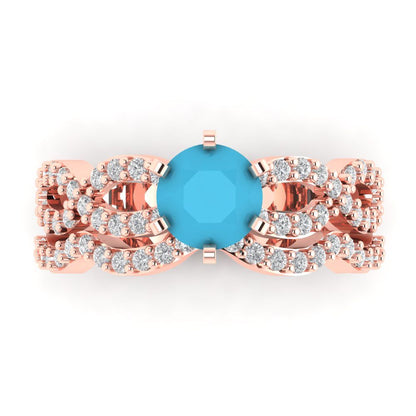1.57 cttw Round Cut Simulated Turquoise Bridal Set - Solid Rose Gold Engagement Ring & Wedding Band