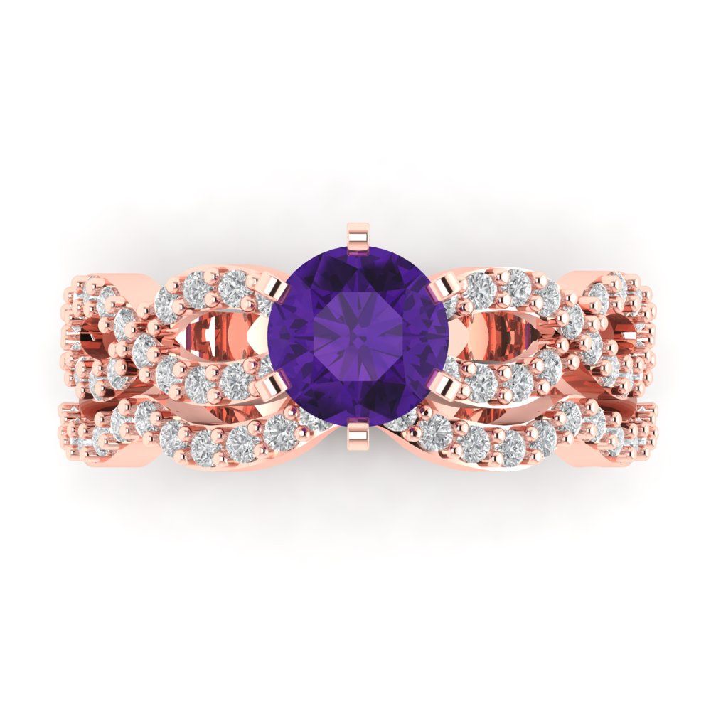 1.57 cttw Round Cut Natural Amethyst Bridal Set - Solid Rose Gold Engagement Ring & Wedding Band