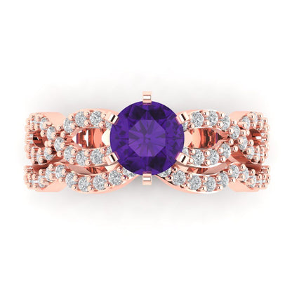1.57 cttw Round Cut Natural Amethyst Bridal Set - Solid Rose Gold Engagement Ring & Wedding Band