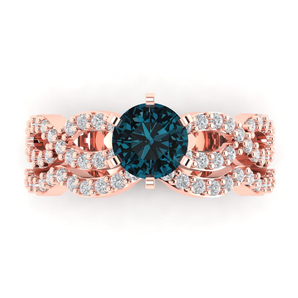 1.57 cttw Round Cut Natural London Blue Topaz Bridal Set - Solid Rose Gold Engagement Ring & Wedding Band