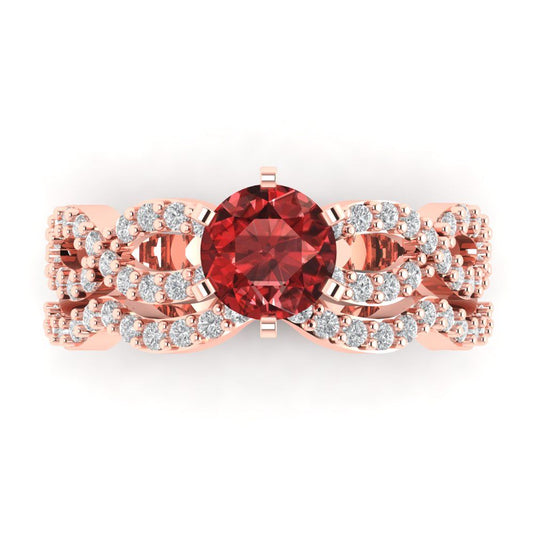 1.57 cttw Round Cut Natural Garnet Bridal Set - Solid Rose Gold Engagement Ring & Wedding Band