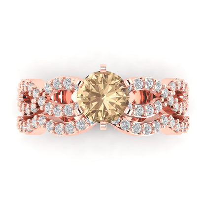 1.57 cttw Round Cut Yellow Moissanite Bridal Set - Solid Rose Gold Engagement Ring & Wedding Band