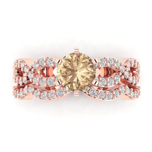 1.57 cttw Round Cut Yellow Moissanite Bridal Set - Solid Rose Gold Engagement Ring & Wedding Band