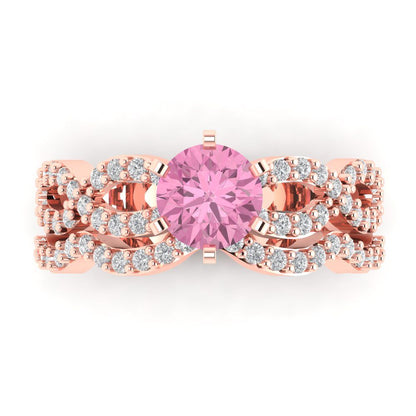 1.57 cttw Round Cut Simulated Pink Diamond Bridal Set - Solid Rose Gold Engagement Ring & Wedding Band