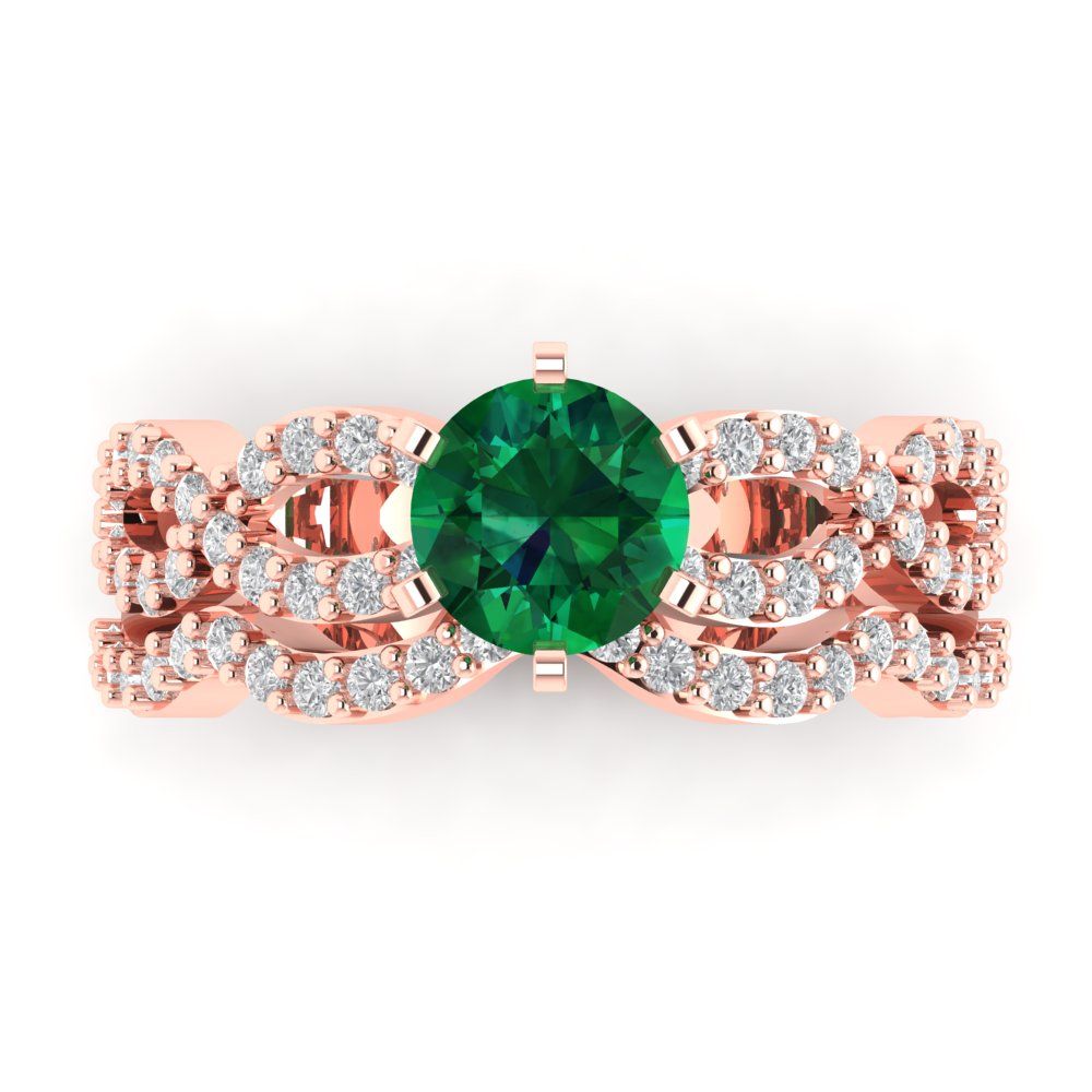 1.57 cttw Round Cut Simulated Emerald Bridal Set - Solid Rose Gold Engagement Ring & Wedding Band
