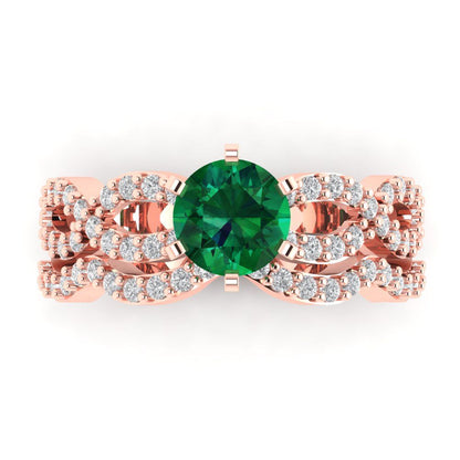 1.57 cttw Round Cut Simulated Emerald Bridal Set - Solid Rose Gold Engagement Ring & Wedding Band