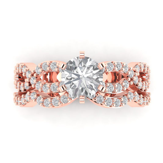 1.57 cttw Round Cut Moissanite Bridal Set - Solid Rose Gold Engagement Ring & Wedding Band