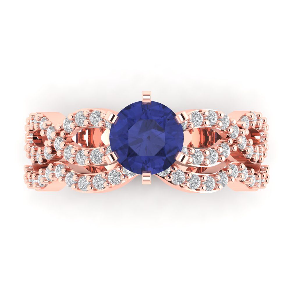 1.57 cttw Round Cut Simulated Tanzanite Bridal Set - Solid Rose Gold Engagement Ring & Wedding Band
