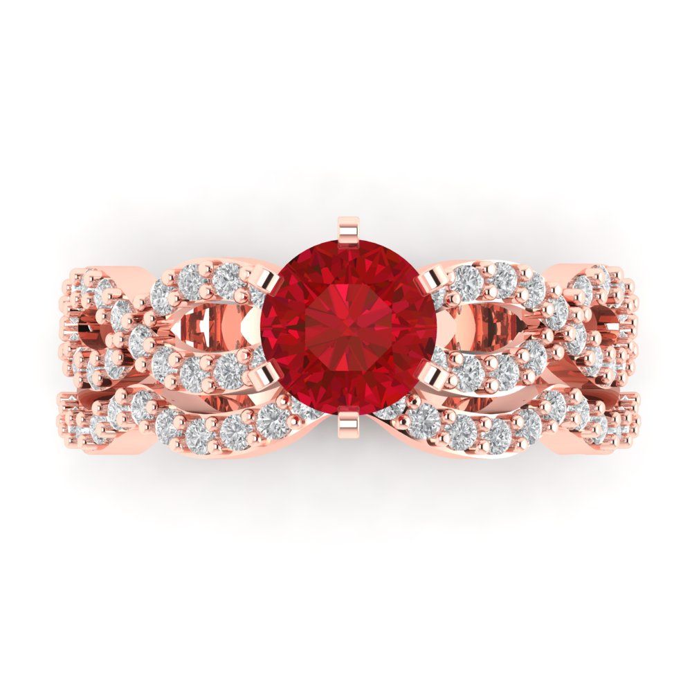 1.57 cttw Round Cut Simulated Ruby Bridal Set - Solid Rose Gold Engagement Ring & Wedding Band