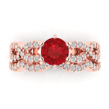 1.57 cttw Round Cut Simulated Ruby Bridal Set - Solid Rose Gold Engagement Ring & Wedding Band