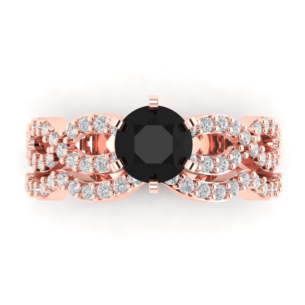 1.57 cttw Round Cut Natural Onyx Bridal Set - Solid Rose Gold Engagement Ring & Wedding Band