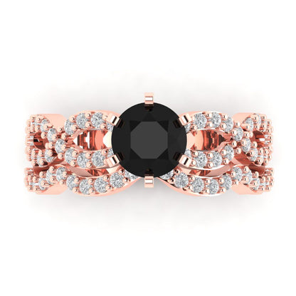 1.57 cttw Round Cut Natural Onyx Bridal Set - Solid Rose Gold Engagement Ring & Wedding Band