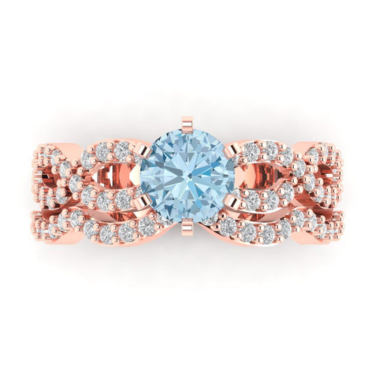 1.57 cttw Round Cut Natural Aquamarine Bridal Set - Solid Rose Gold Engagement Ring & Wedding Band